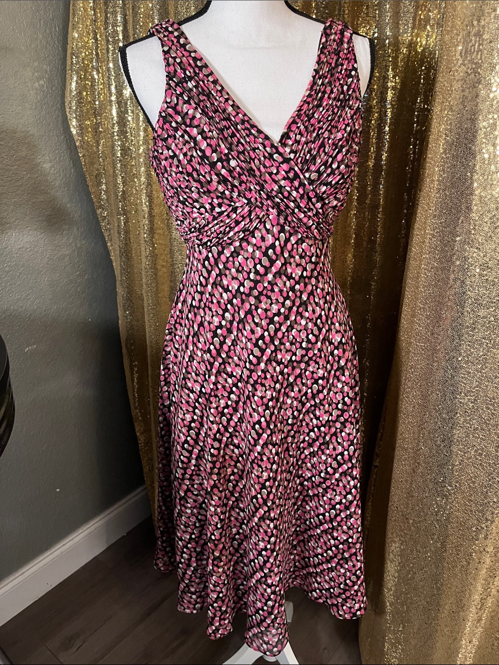 Jones Wear Pink and Black Polka Dot Sleeveless V-Neck Dress